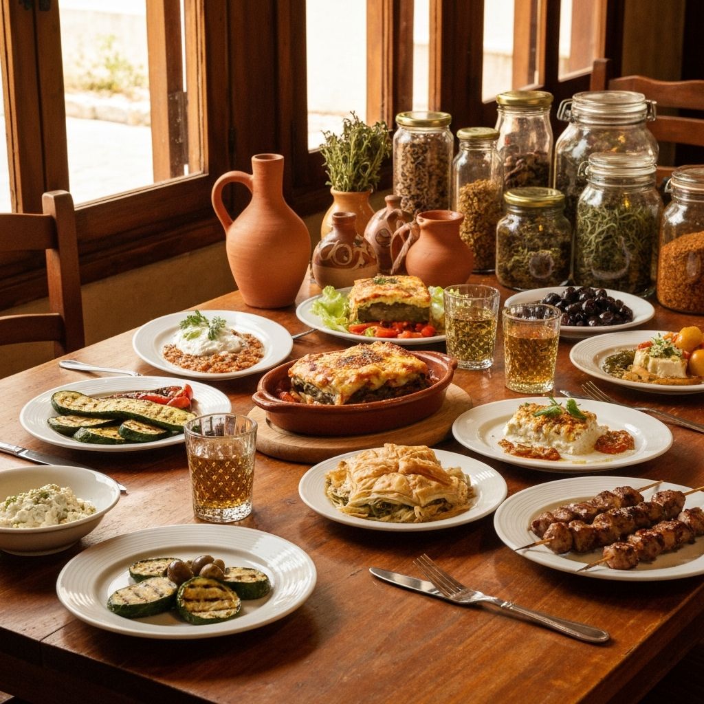 Traditional Mediterranean taverna table setting with healthy foods and natural ingredients
