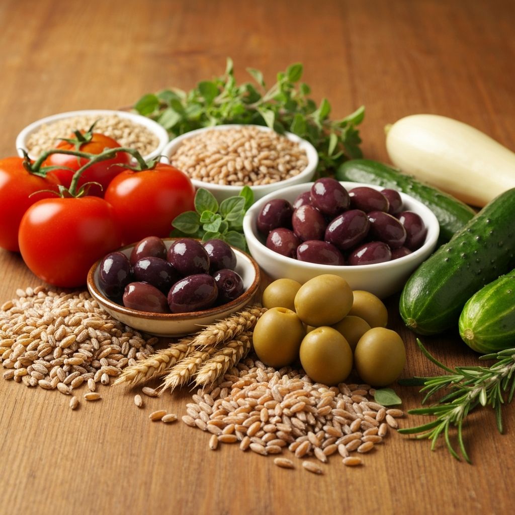 Fresh Mediterranean ingredients including vegetables, olive oil, and whole grains on a wooden surface