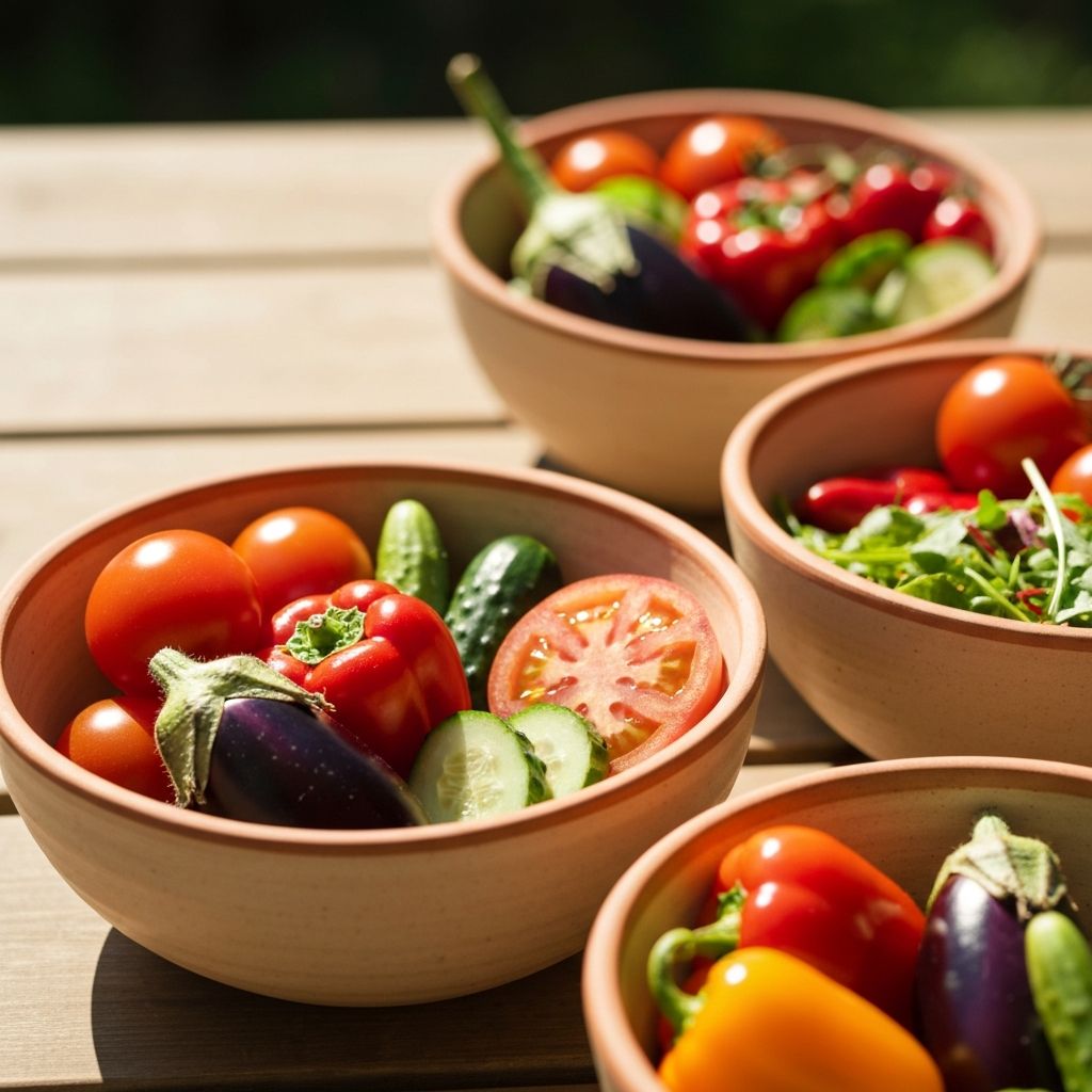 Colorful Mediterranean vegetables in ceramic bowls with fresh salad ingredients
